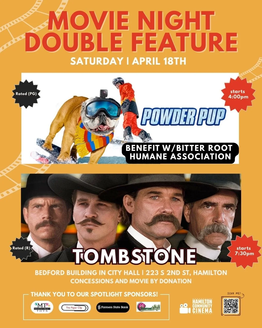 Double Feature Movie Night

Join us Friday, April 18th at the Bedford Building for a full evening of movies.

We&rsquo;ll start at 4PM with Powder Pup, presented in partnership with the Bitterroot Humane Association&mdash;a great pick for families an
