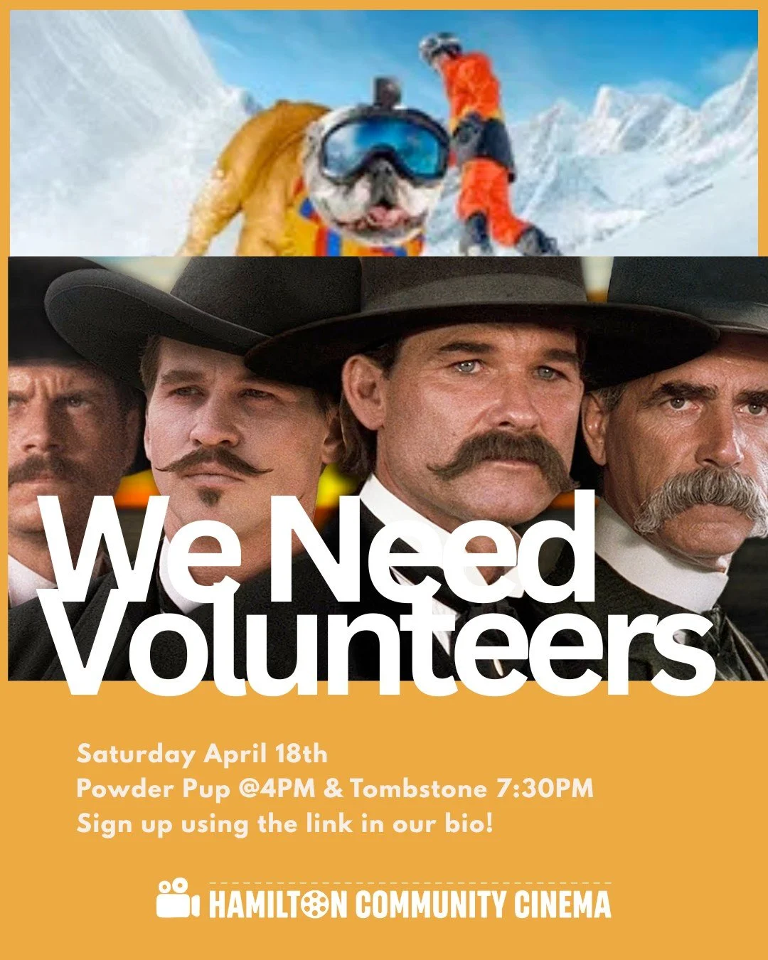 Hamilton Community Cinema invites you to our movie night this Saturday April 18th. 
We are showing Powder Pup starting at 4pm, and Tombstone starts at 7:30pm.

We have some empty volunteer slots, and need your help! :)
Sign up using the link in our I