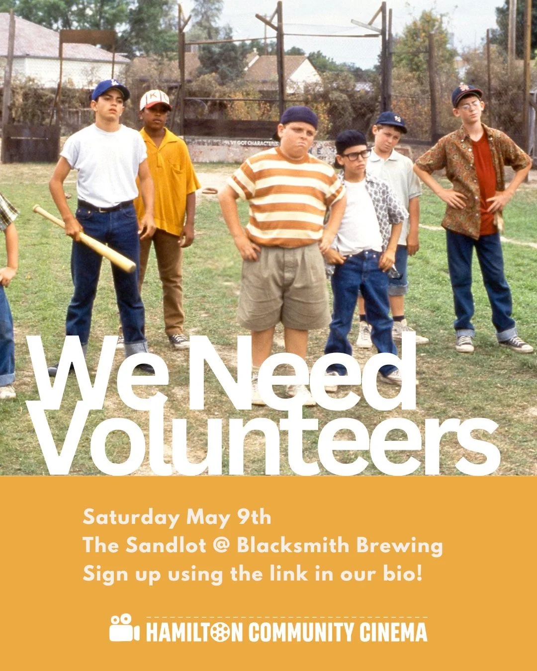We have a few slots open for volunteers this Saturday for our outdoor film The Sandlot showing at Blacksmith on their patio. If you are able to come help set up or clean up, we would love for your help!

Sign up using the link in our bio. Thank you i