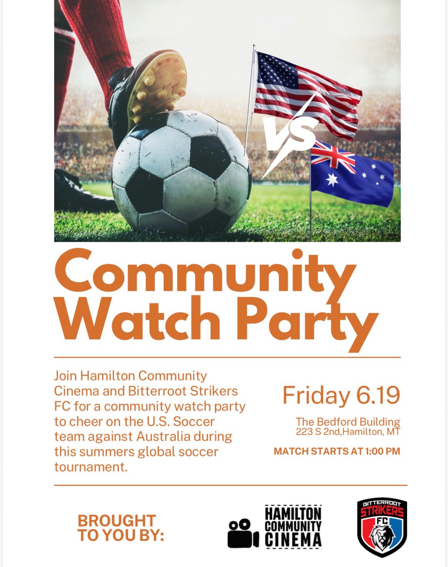 Calling all of the soccer fans, we invite you to join us in watching this battle live at the Bedford building on Friday June 19th. 

The match begins at 1pm. Wear your jerseys, and get ready to yell with us as the us takes Australia! $5 suggested don