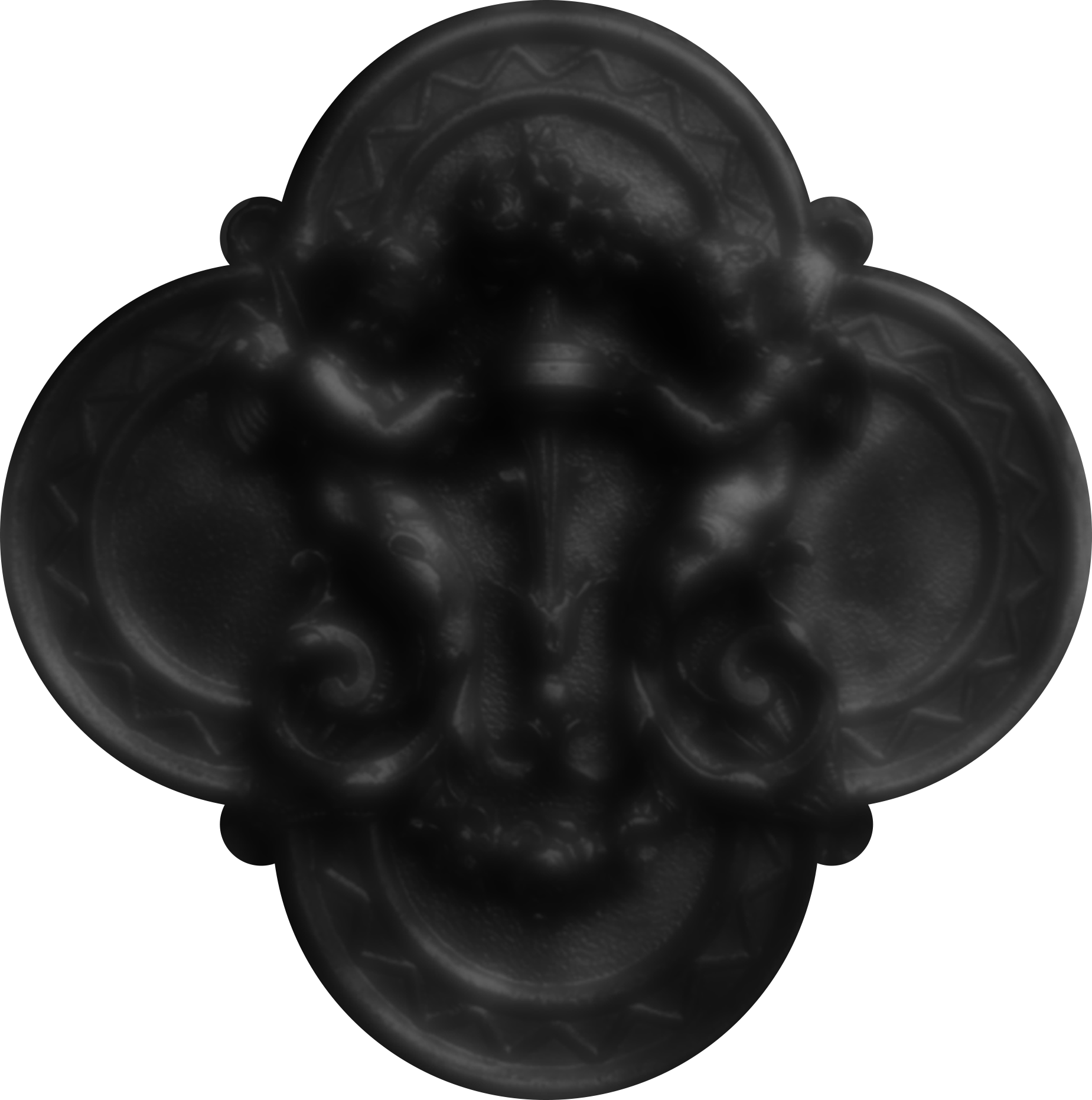 A black and white depiction of an ornate religious or spiritual medallion with a figure at the center and intricate decorative elements surrounding it.