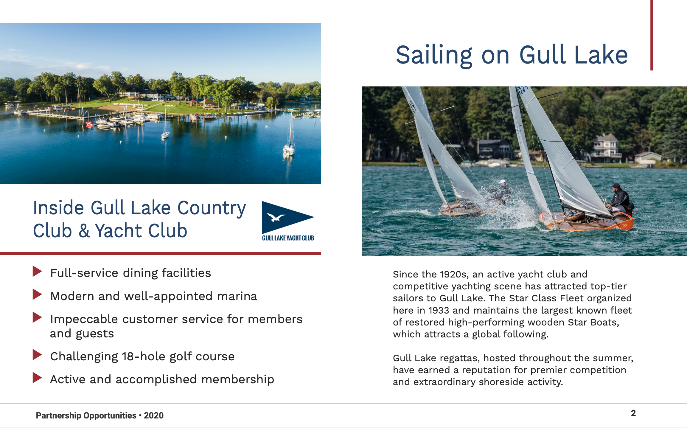Promotional material for Gull Lake Country Club & Yacht Club, featuring images of the marina and sailboats on the lake, and text highlighting dining facilities, marina, customer service, golf course, and active membership.