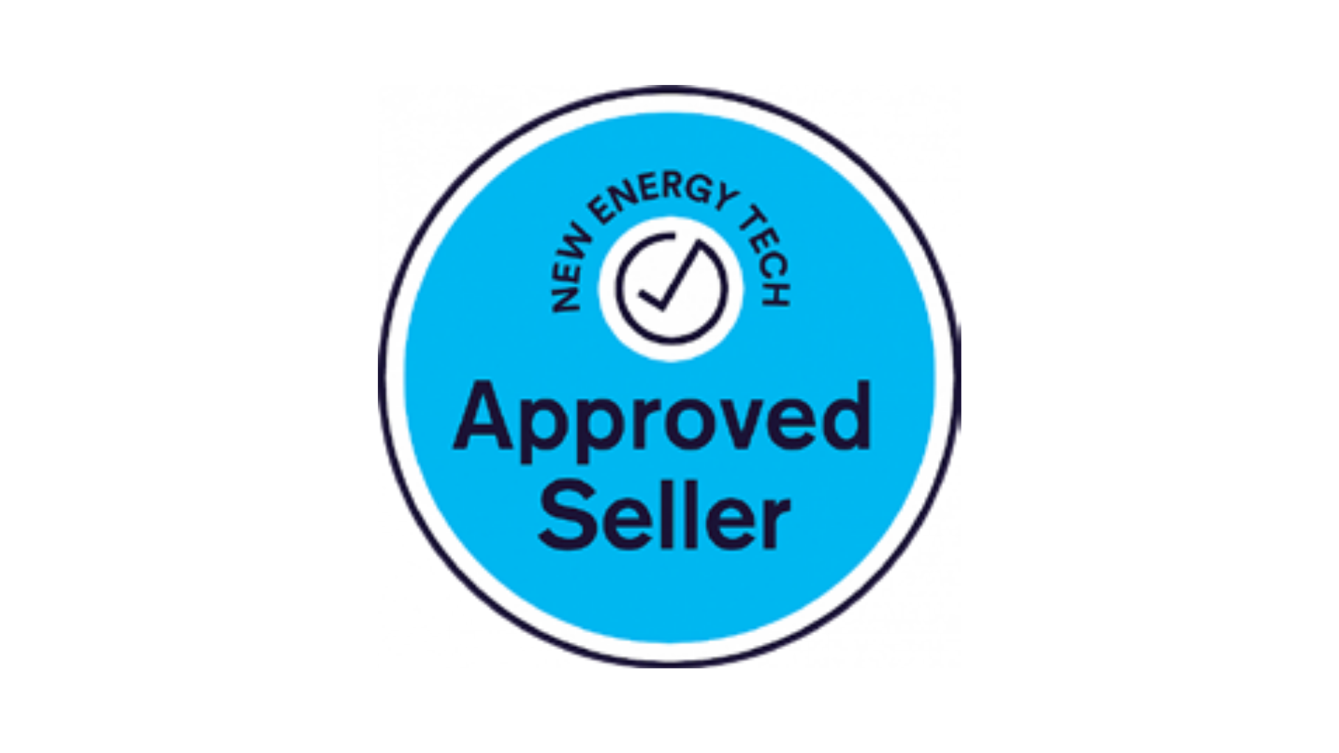 Blue circular badge with a white checkmark and the words "New Energy Tech Approved Seller"