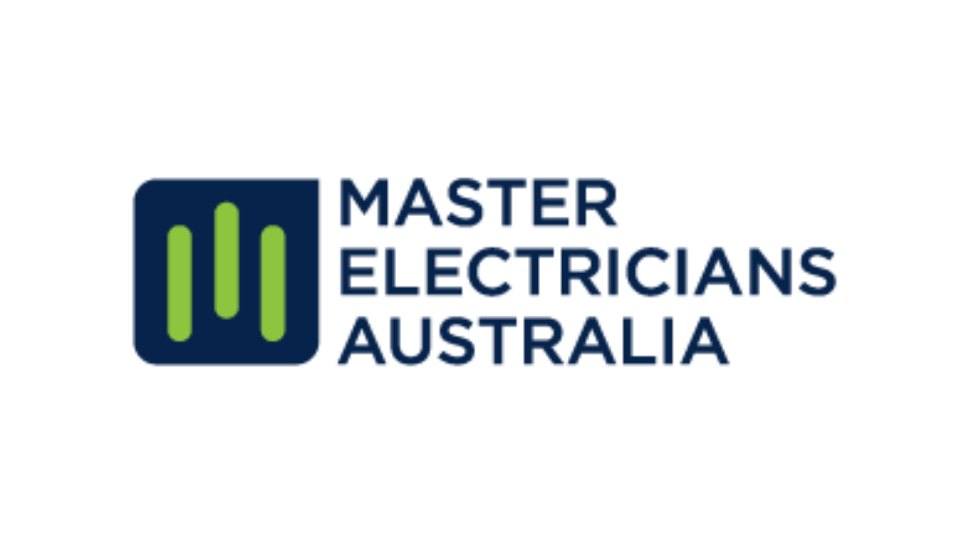Logo of Master Electricians Australia with a dark blue and green icon and dark blue text on a white background.