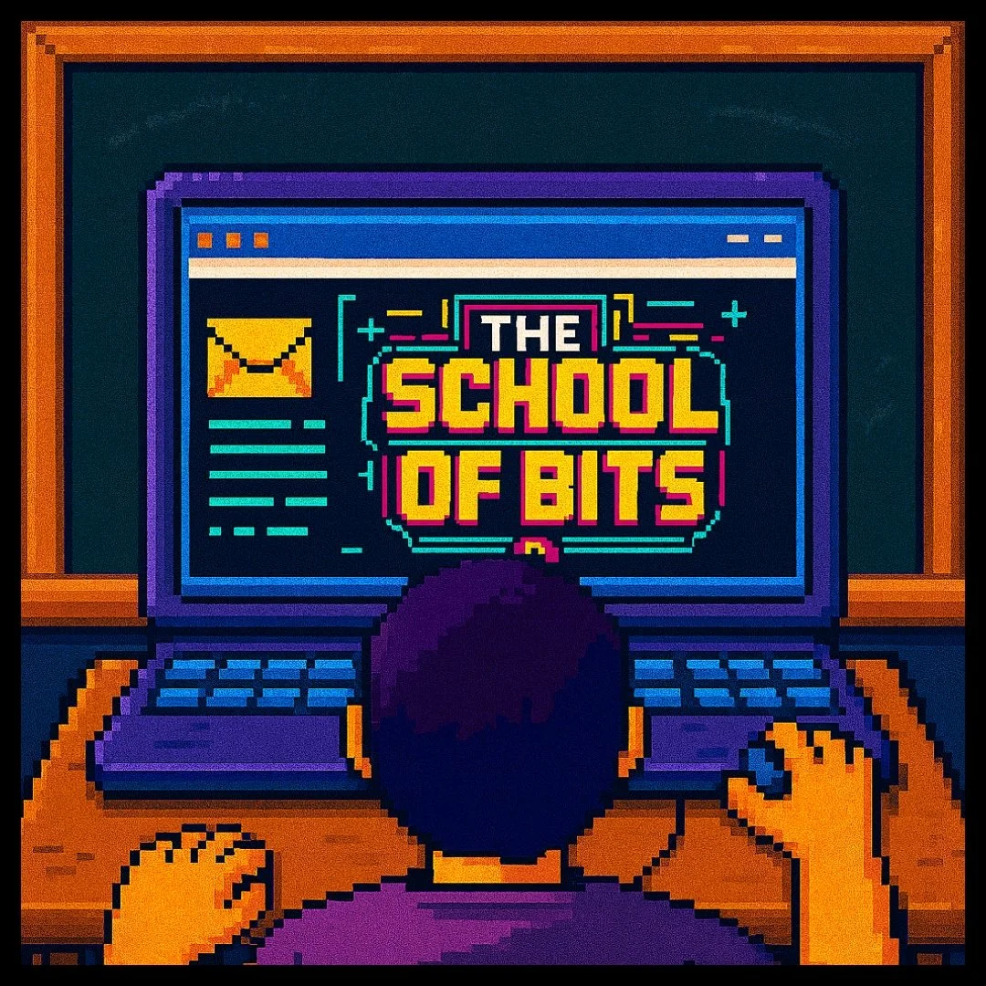 Pixel art illustration of a person sitting at a desk using a computer with a screen displaying the text 'The School of Bits' in bright colors, online course or tech learning theme.
