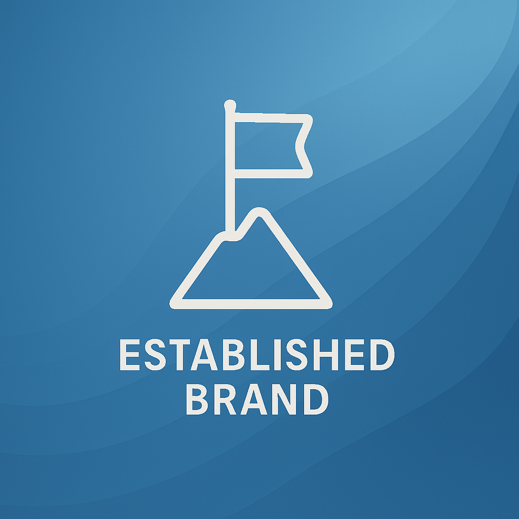 A white icon of a mountain with a flag on top, on a blue background with the words "Established Brand" beneath it.