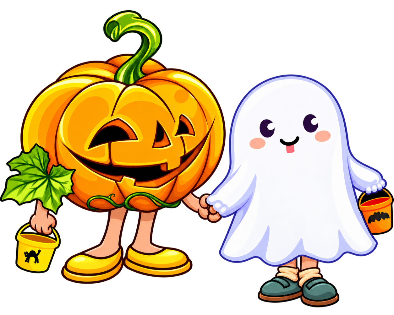 Cheerful jack-o'-lantern and friendly ghost holding hands and carrying trick-or-treat buckets, celebrating Hamilton Historic Main Street's Halloween on the Square in Hamilton, Texas.