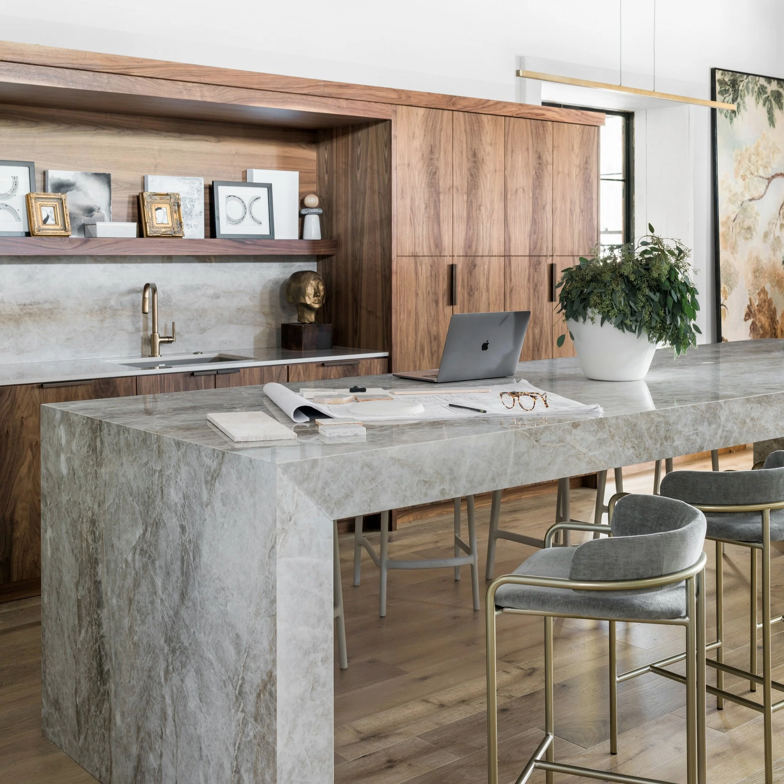 Interior design studio in Atlanta, High end office design, interior design office, office design inspiration, Anthropologie, west elm, waterfall marble island, waterfall island