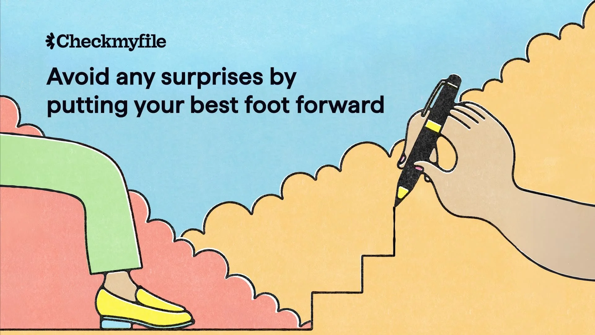 An illustration showing a person walking up stairs holding a pen, with colorful clouds in the background and a text overlay giving advice about foot positioning.
