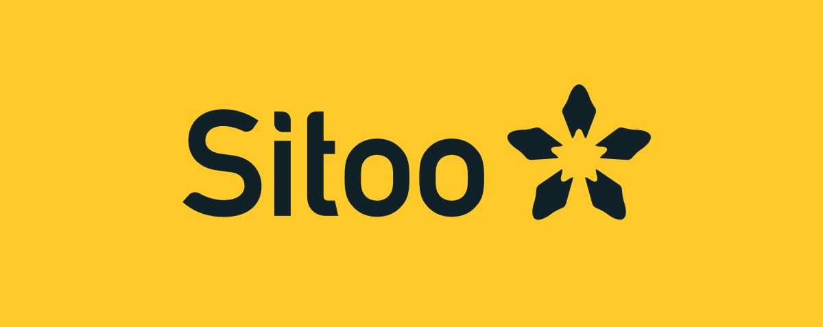Yellow background with black text that reads "Sitoo" and a black flower-like symbol to the right of the text.