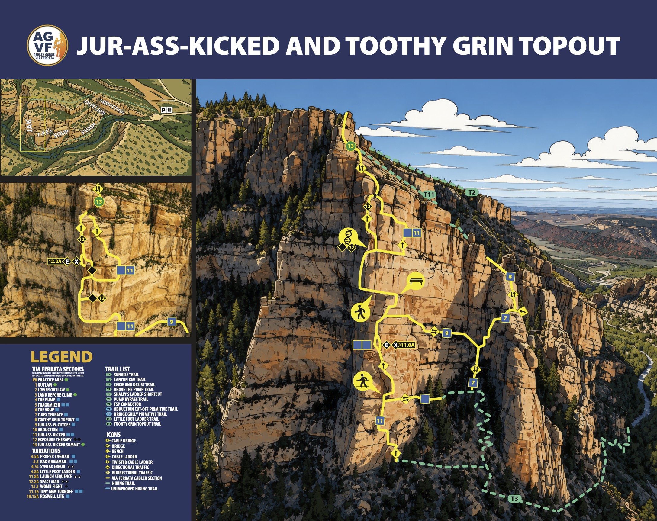 Detailed Ashley Gorge Via Ferrata topo map showing the Jur-Ass-Kicked and Toothy Grin Topout sectors, route variations, trails, bridges, ladders, and climbing features.