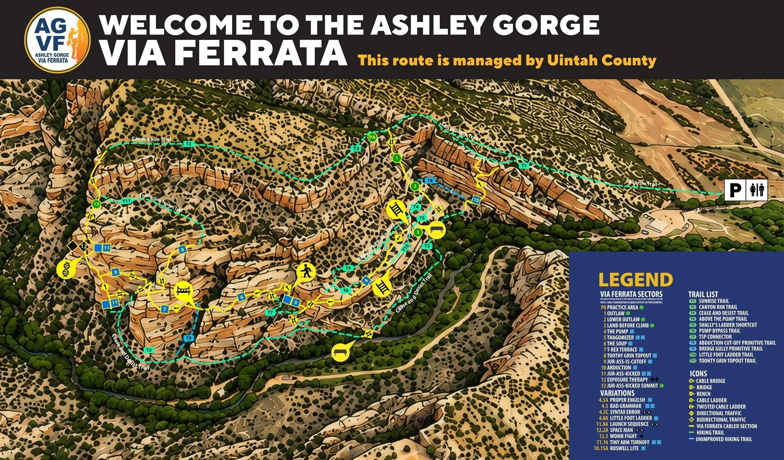 Ashley Gorge Via Ferrata route map showing climbing sections, connecting trails, bridges, ladders and parking.