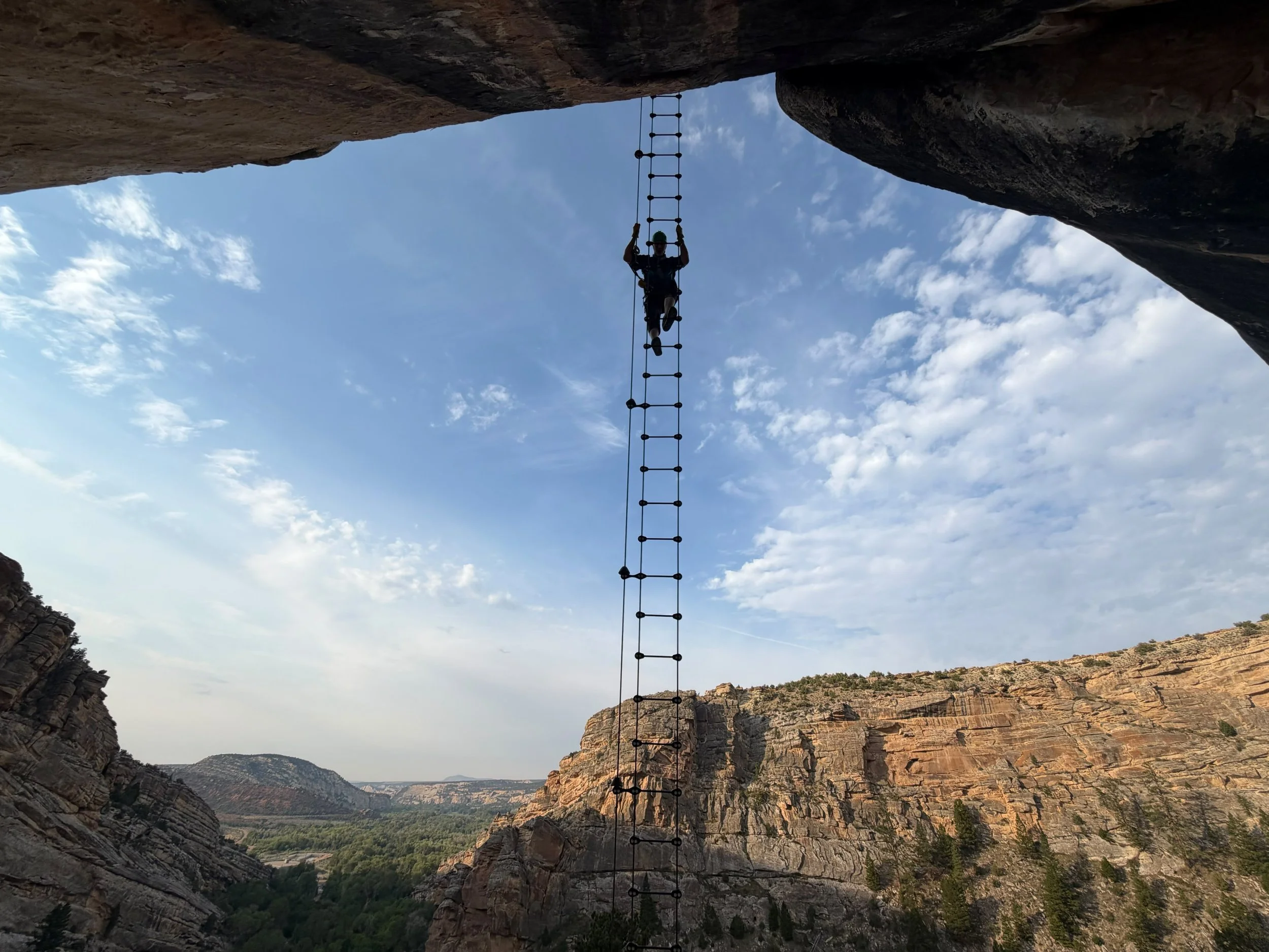 Climber ascending a flexible cable ladder on the Ashley Gorge Via Ferrata. Suspended metal rungs and steel cables attached to a sandstone wall.