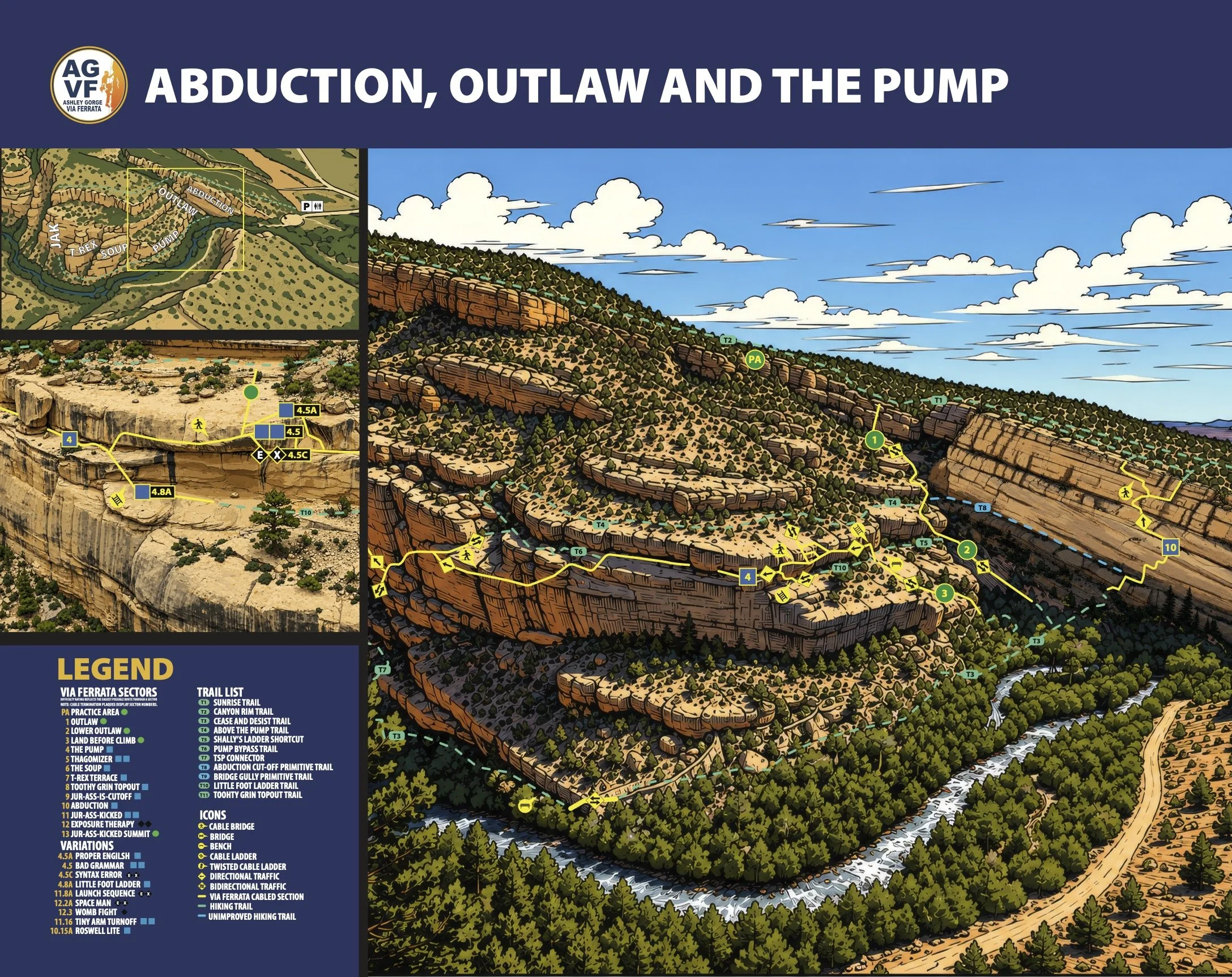 Illustrated Ashley Gorge Via Ferrata topo map showing the Abduction, Outlaw, Lower Outlaw, Land Before Climb, and Pump sectors with connecting trails and route features.