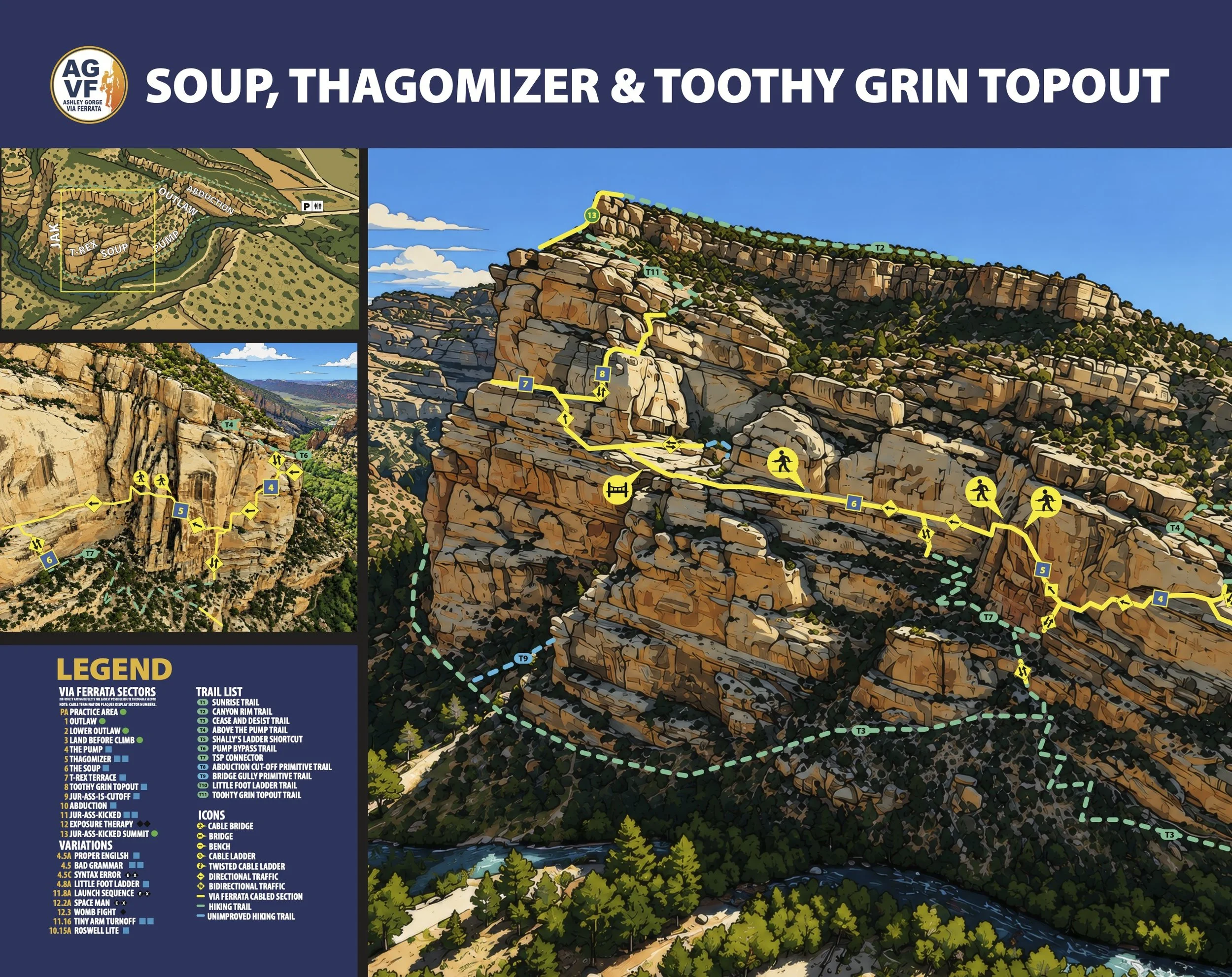 Detailed topo map of the Soup, Thagomizer, and Toothy Grin Topout sectors at the Ashley Gorge Via Ferrata, including climbing lines, trails, bridges, and route features.