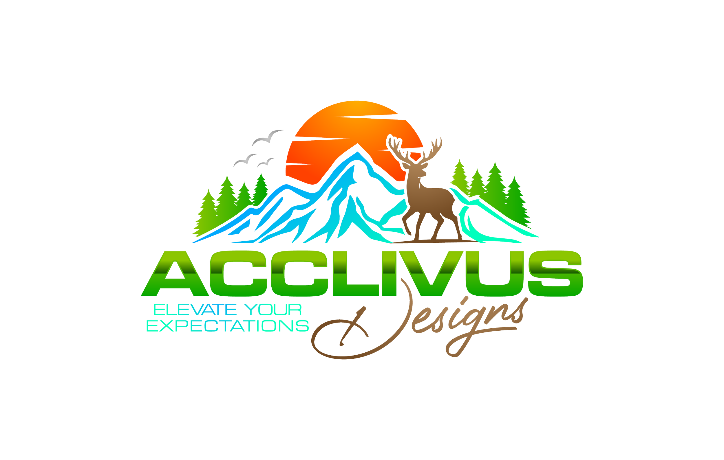 Acclivus Designs logo with mountains, trees, and a deer against a sunrise background and text "Elevate Your Expectations."