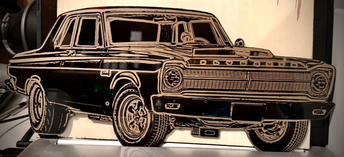Illustration of a vintage Plymouth car with detailed line work, showing a side and front view on a cream background.