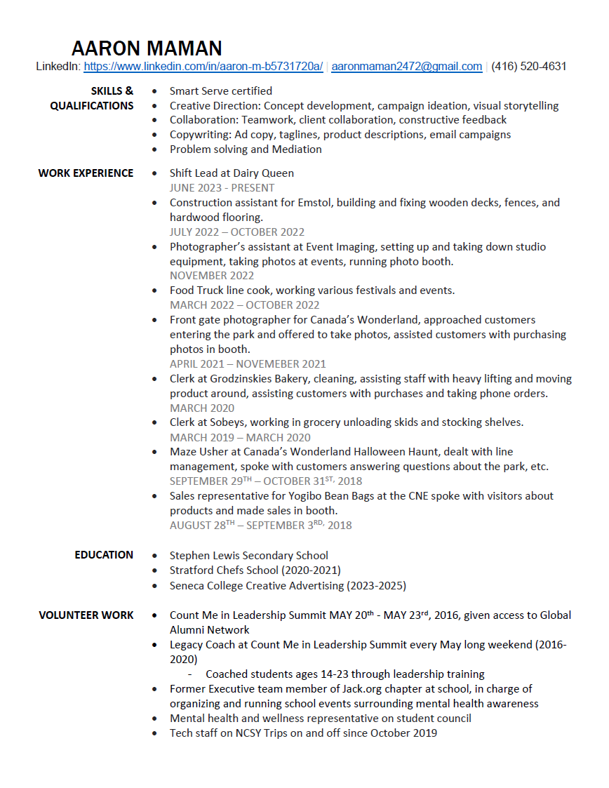 Screenshot of a resume or curriculum vitae for Aaron Maman, listing skills, qualifications, work experience, education, and volunteer work.