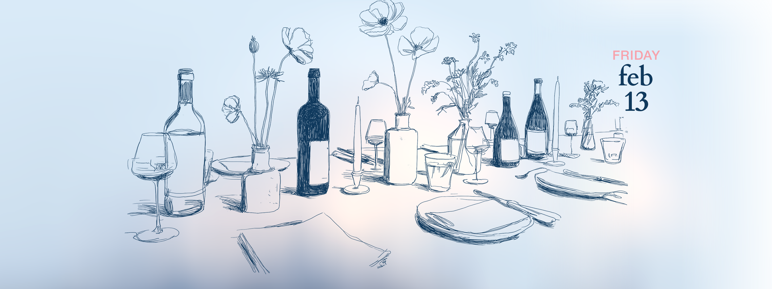 graphic of place settings, bottles of wine, and flowers