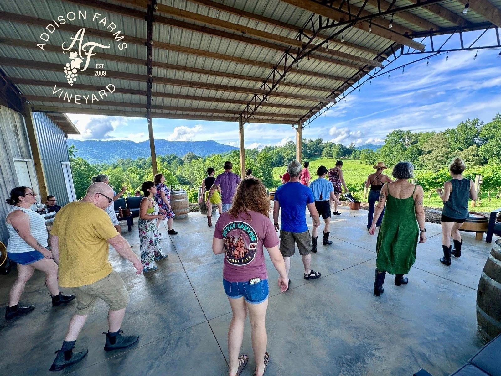 Guests enjoy line dancing under the open-air crush pad at Addison Farms Vineyard, overlooking vineyard rows and the Blue Ridge Mountains.