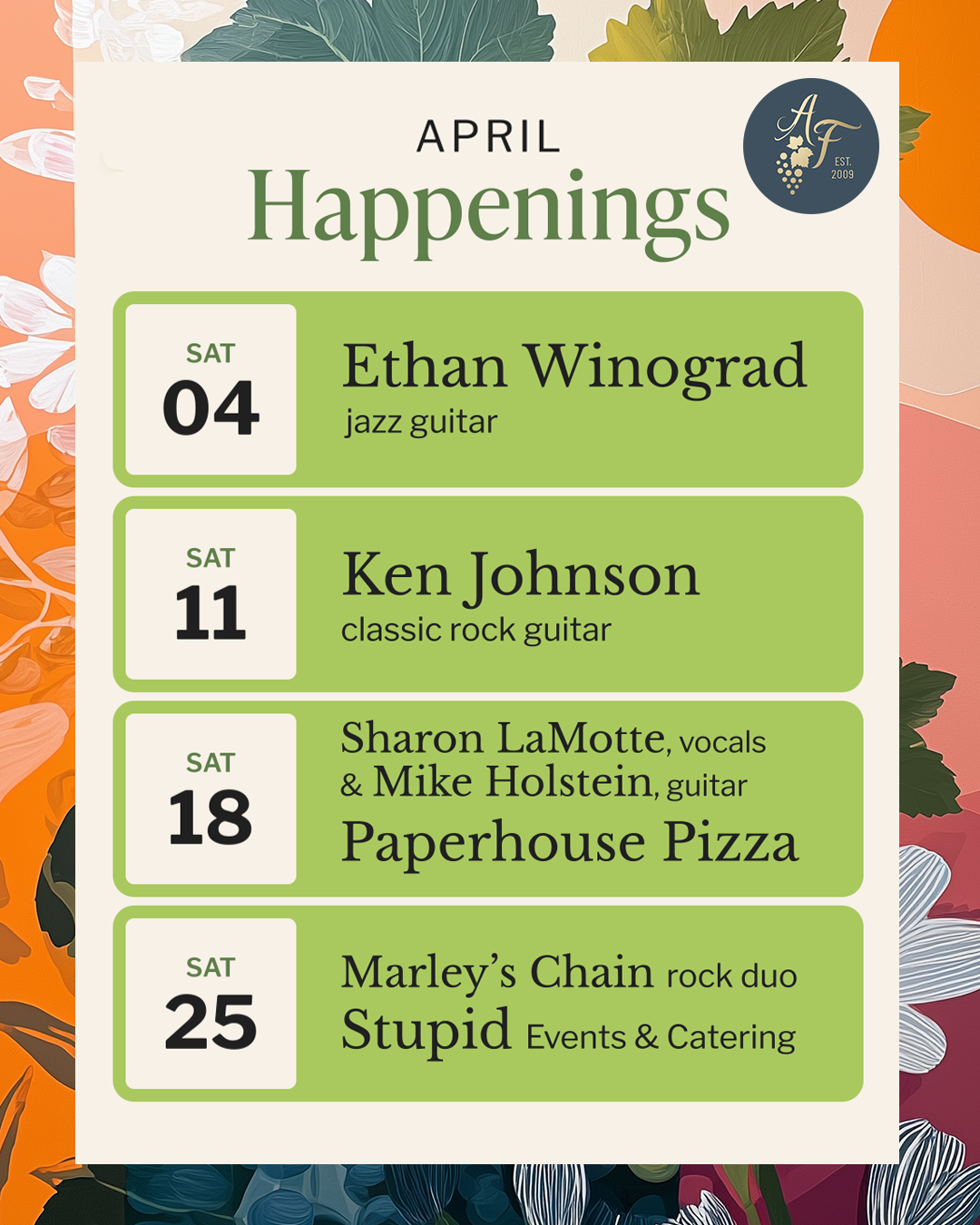 Graphic with dates and events for April 2026