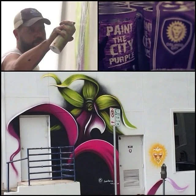 Collage of street artist painting mural, close-up of spray paint cans, and colorful floral street art on building wall.