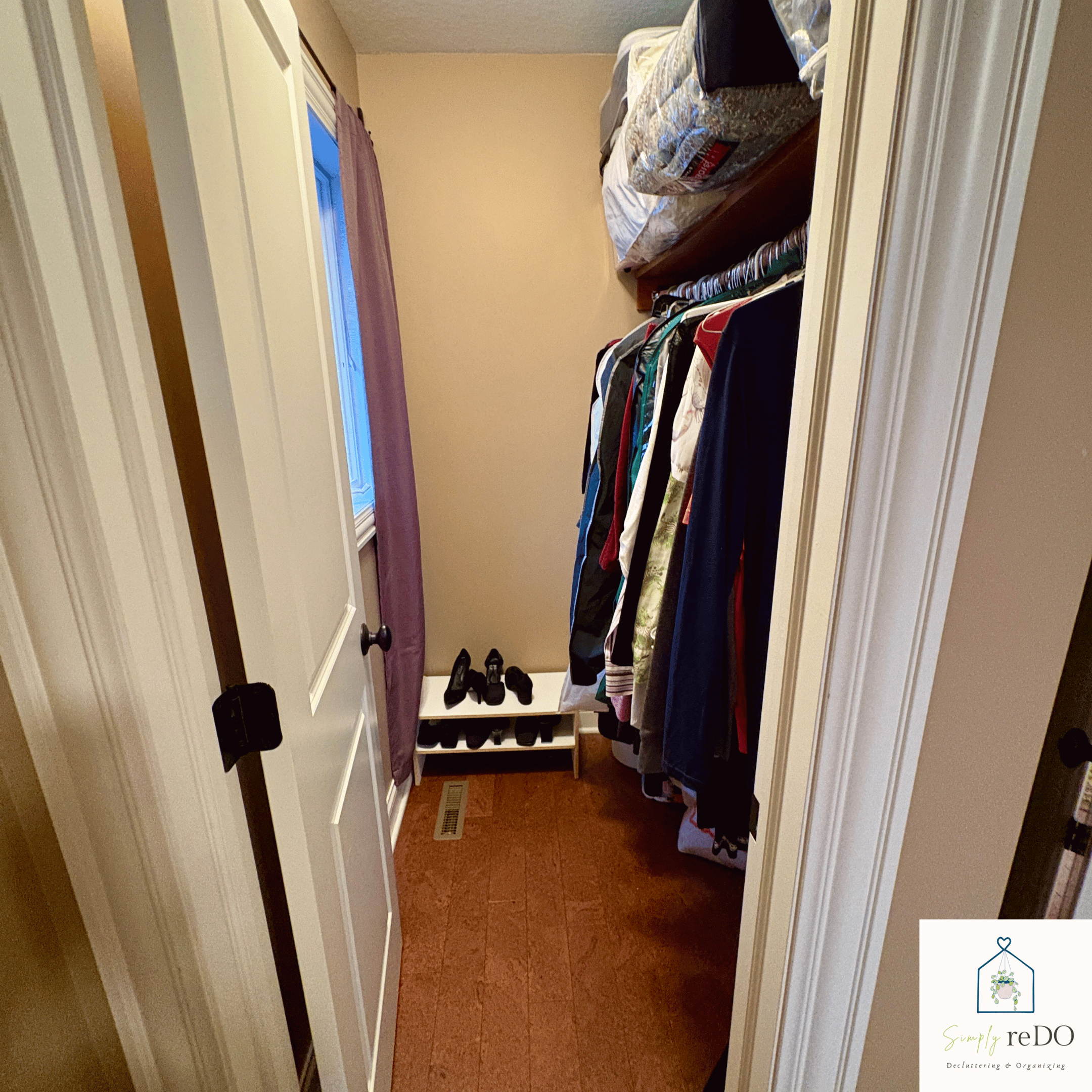 Guest bedroom closet after organizing, with edited contents and simple, easy-to-maintain systems.