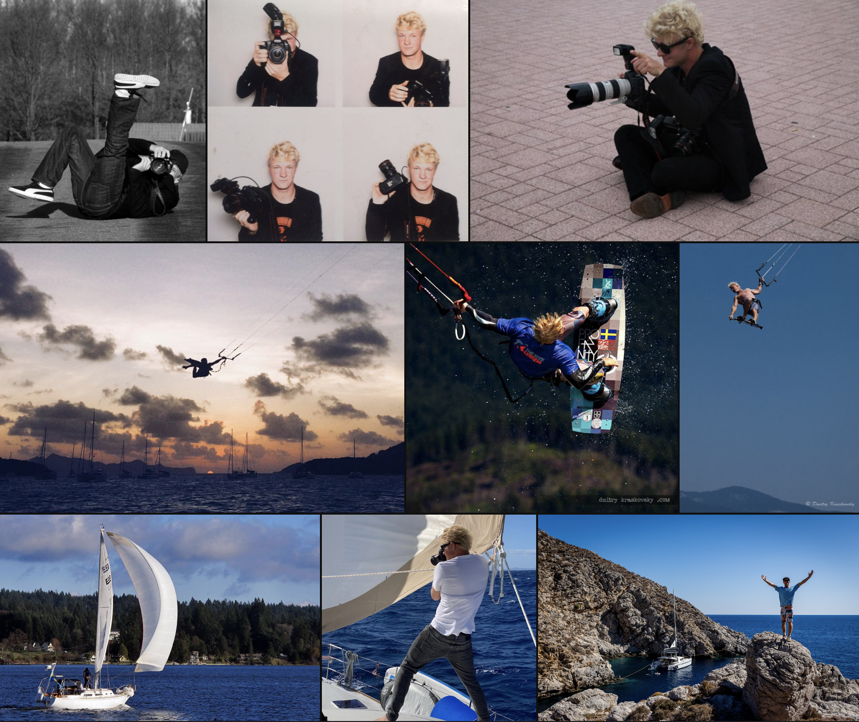 Collage of outdoor and water sports scenes including kiteboarders, sailors, and a person paragliding, with some photos of photographers taking pictures of these activities.