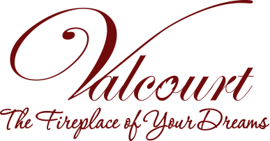 Valcourt logo in dark red with cursive font and the tagline "The Fireplace of Your Dreams"
