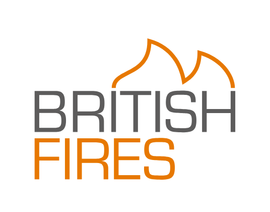 Logo of British Fires with an orange flame above the text.