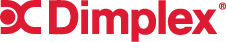Close-up of a Dimplex logo with a red background.