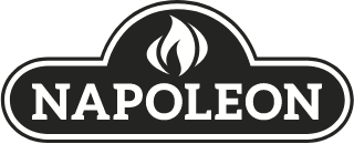 Napoleon logo featuring a flame symbol above the brand name in bold letters within an oval shape.