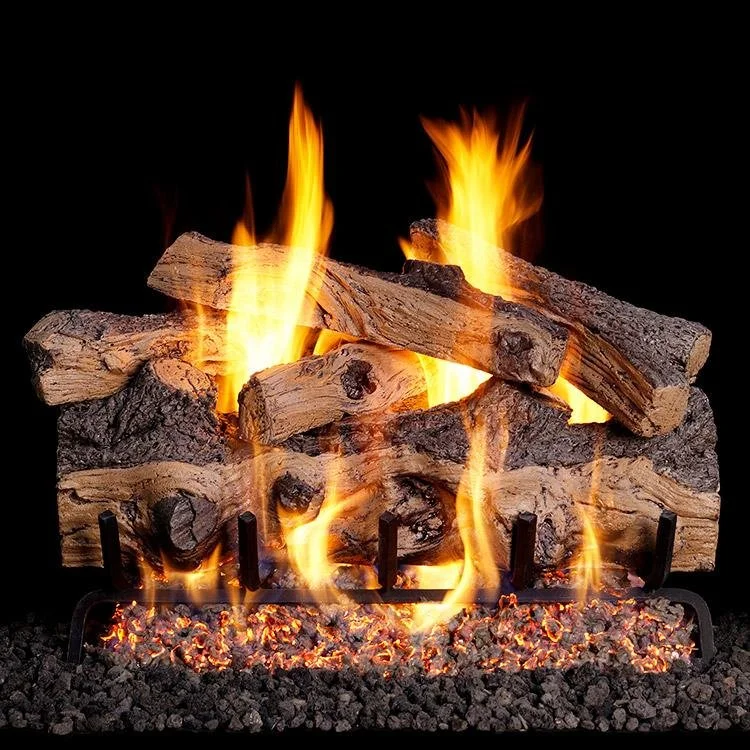 Fire burning on a stack of logs with flames and glowing embers on a black background.