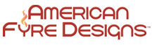 Logo for American Fire Designs with red and white text reading 'American Fire Designs' and the tagline 'outdoor fireplace and installation'.