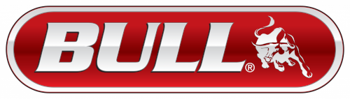 Red oval logo with the word BULL in bold silver letters and a stylized bull wearing a Santa hat.