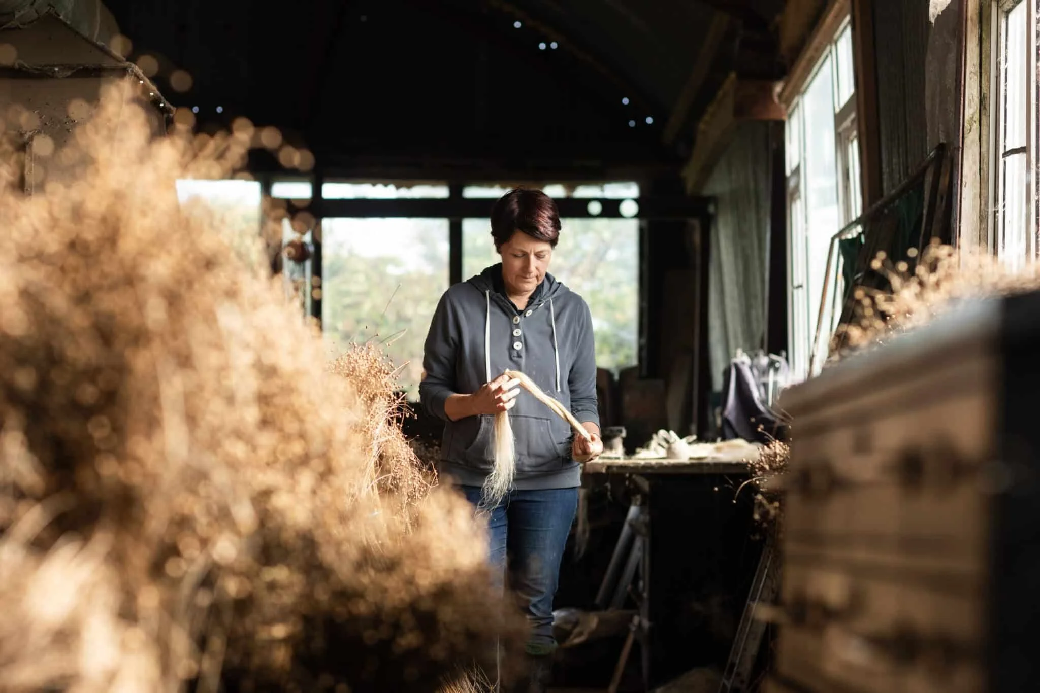 Helen Keys at Mallon Linen processing flax