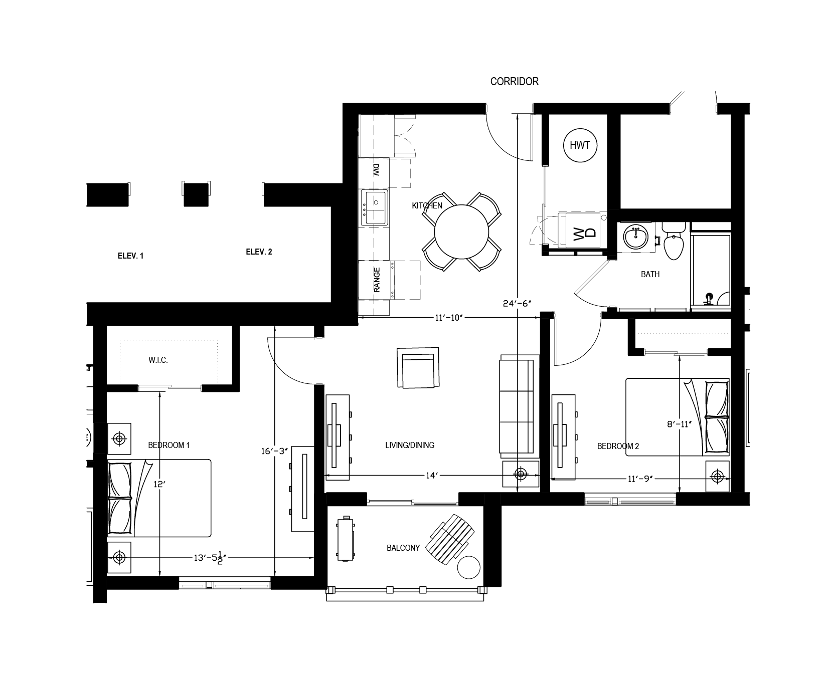 Floor plan of a two-bedroom apartment with kitchen, living room, bathroom, and balcony.