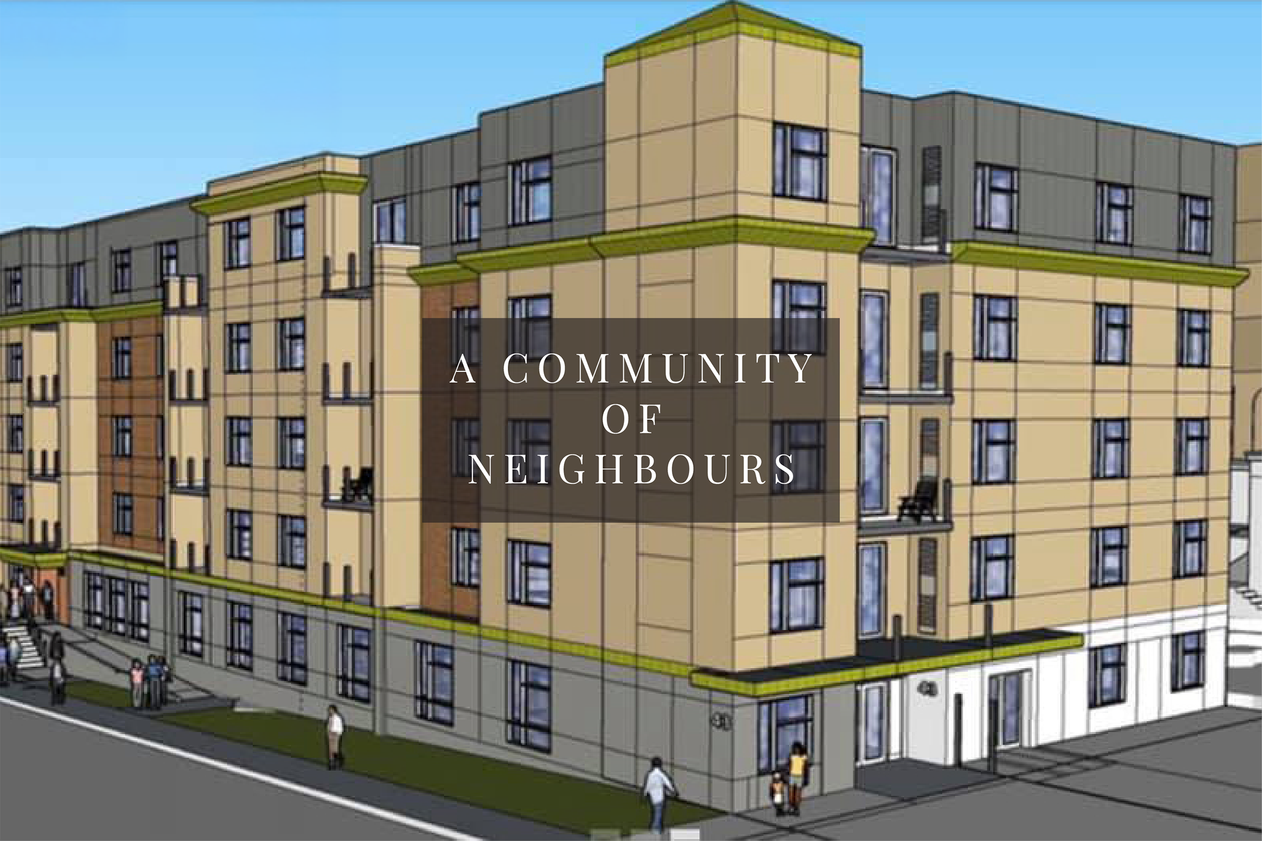 Illustration of a multi-story apartment building with a banner over it that says, "A Community of Neighbours."