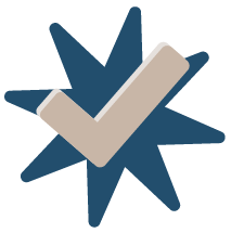 A beige checkmark over a blue starburst
