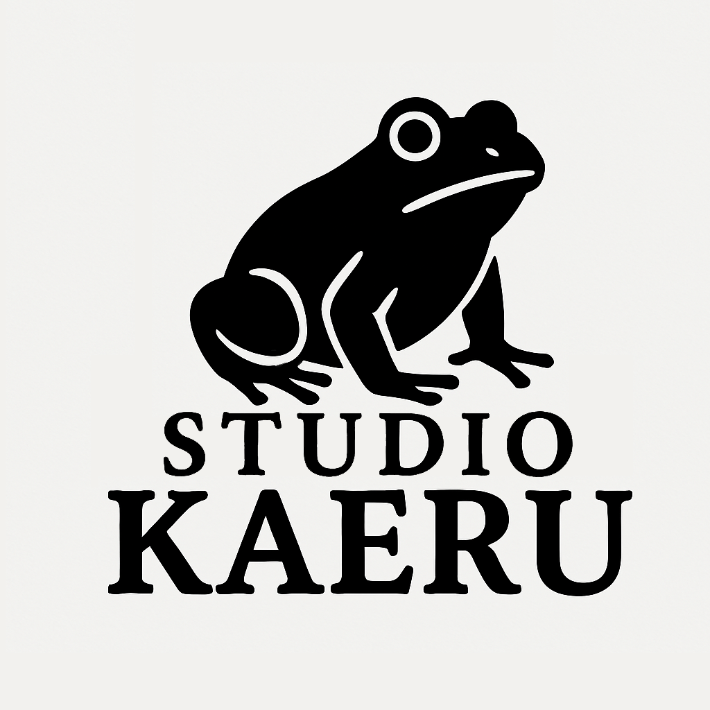 Logo of a silhouette of a frog above the text "STUDIO KAERU" in bold letters.