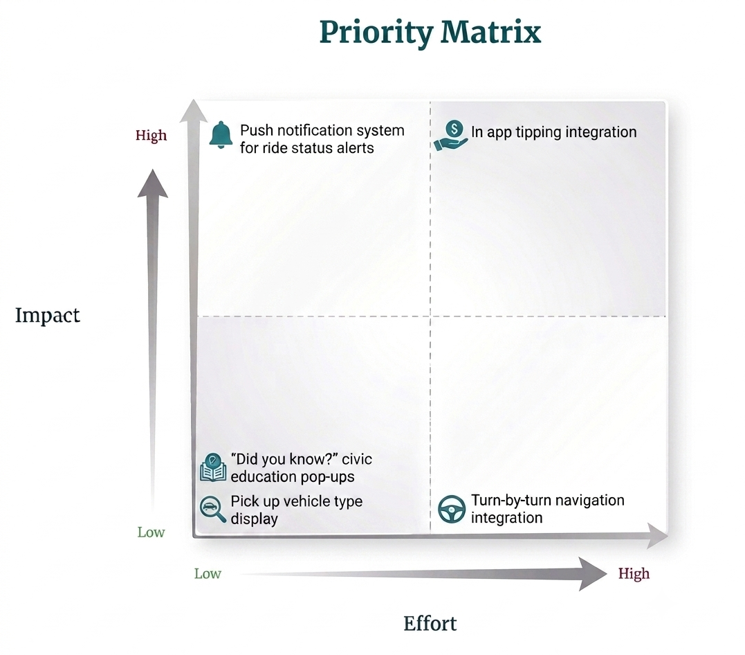 A priority matrix showing Impact vs Effort for various recommendations rating from low to high.