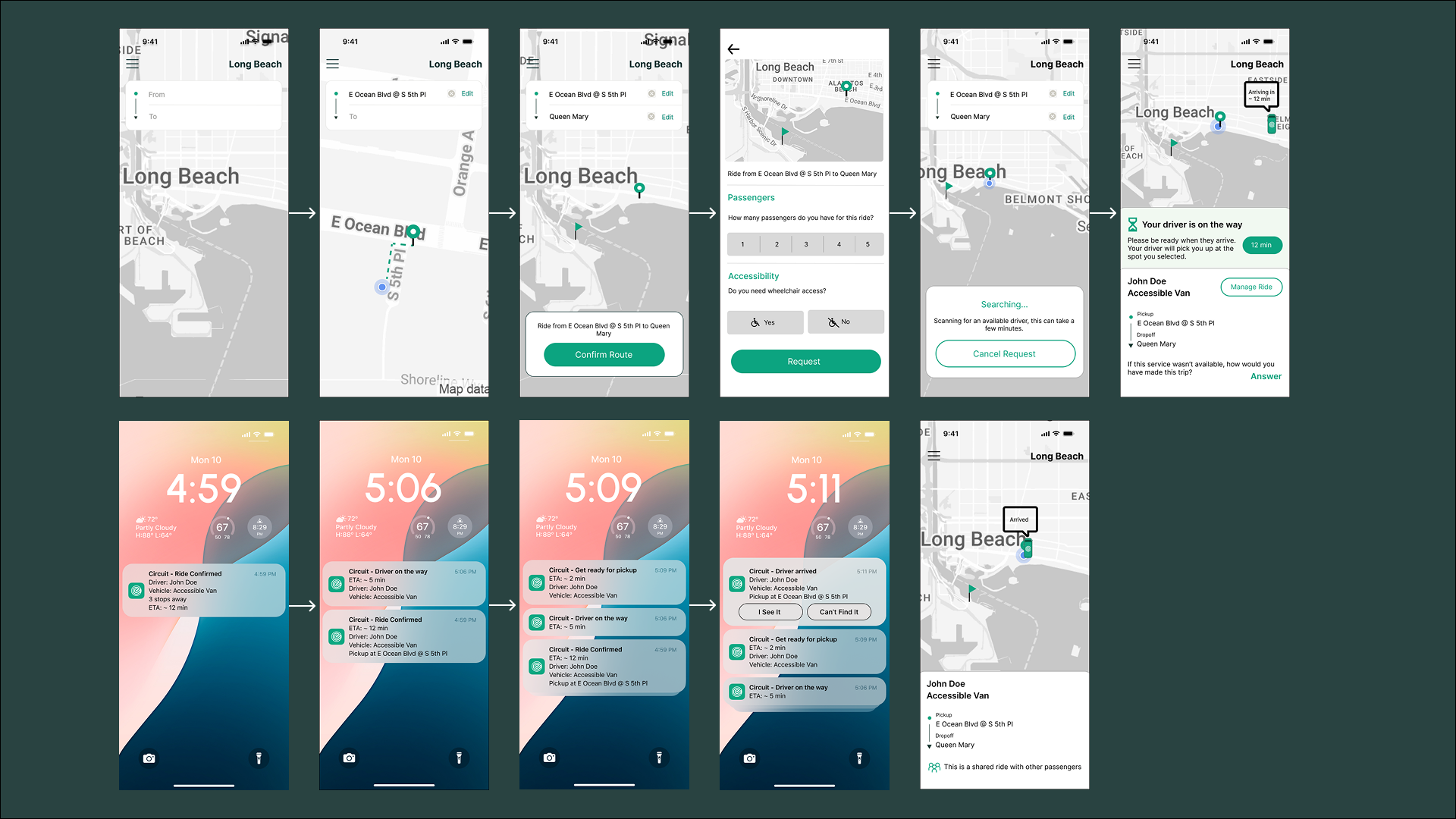 Eleven-screen mockup of the Circuit ride-booking flow, showing route selection, ride request, and lock-screen arrival notifications for an accessible van pickup in Long Beach.