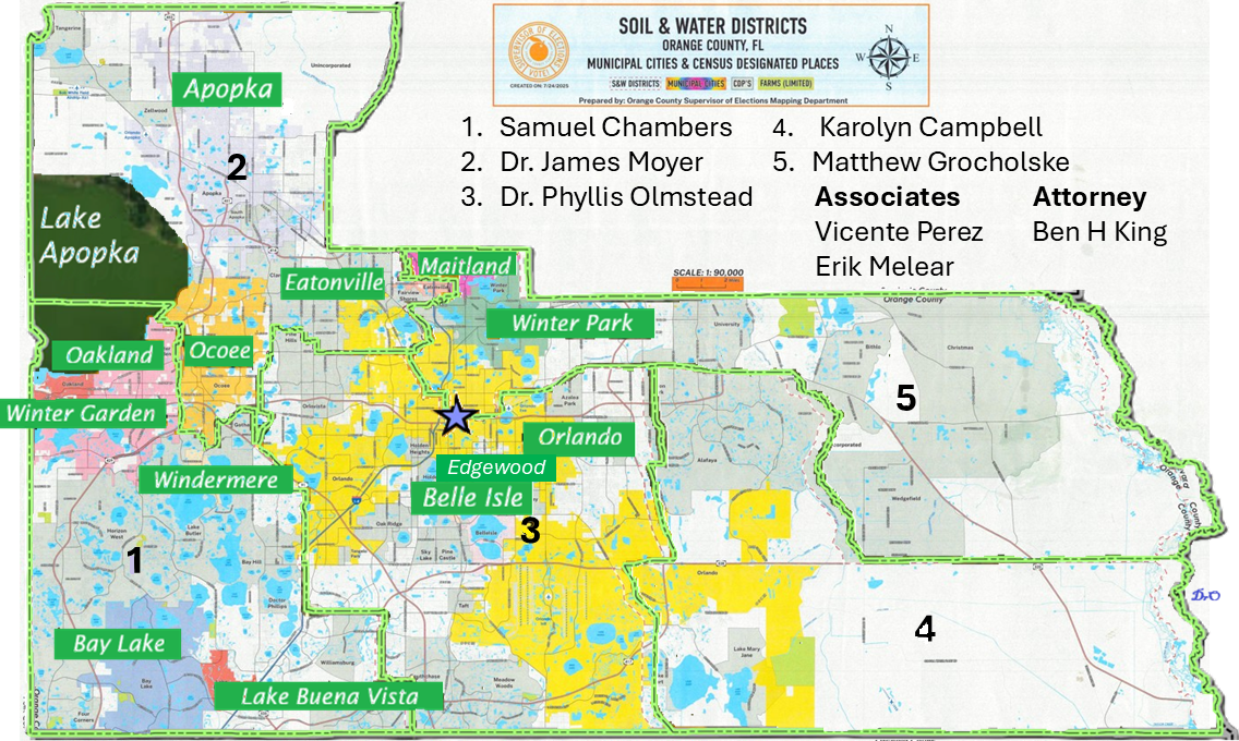 Orange Soil and Water District map subdivisions Seat 1 Oakland, Winter Garden, Windermere, Bay Lake Lake Buena Vista, 2 Apopka, Ocoee, Eatonville, 3 Orlando, Edgewood, Bell Isle, 4 unicorp, Orlando, 5 Maitland, Winter Park, Orlando