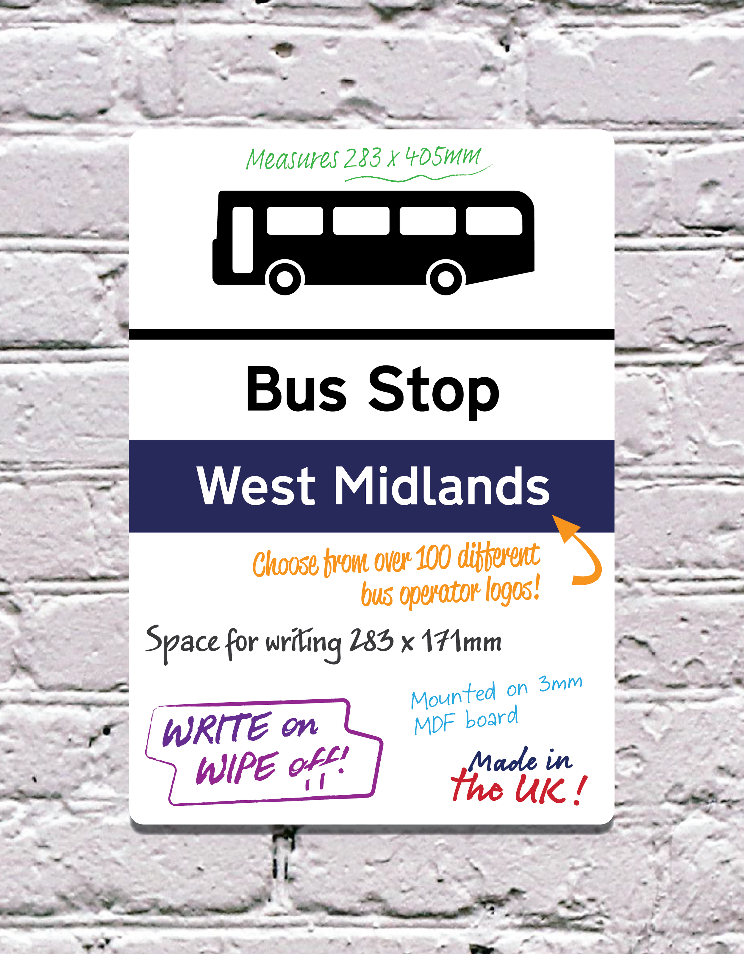 Bus Stop dry wipe board (283 x 405mm) with operator logo