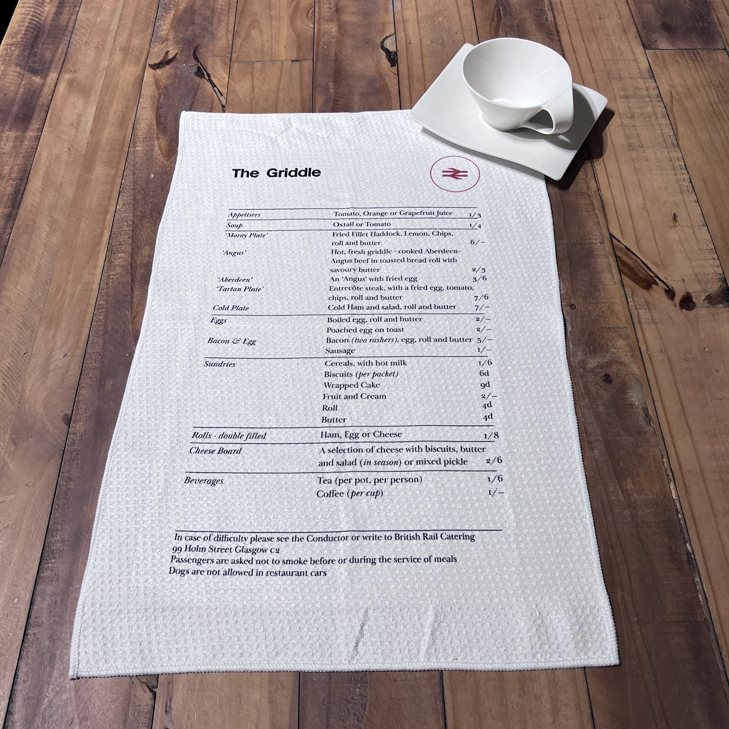 British Rail Griddle menu (cira. 1966) tea towel