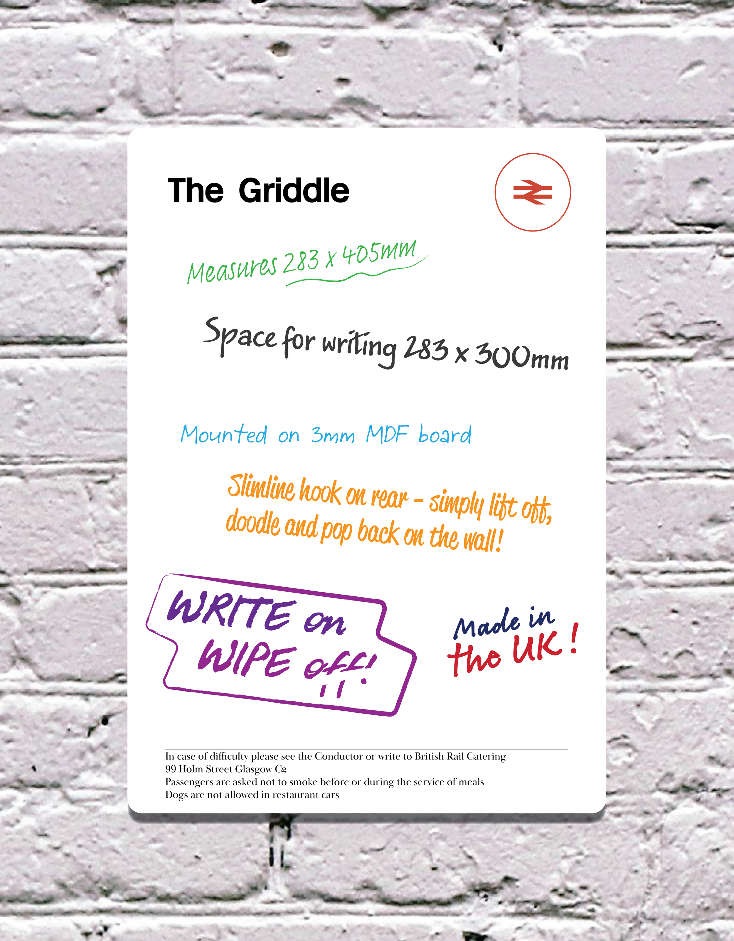 British Rail 'The Griddle' menu style dry wipe board (283 x 405mm)