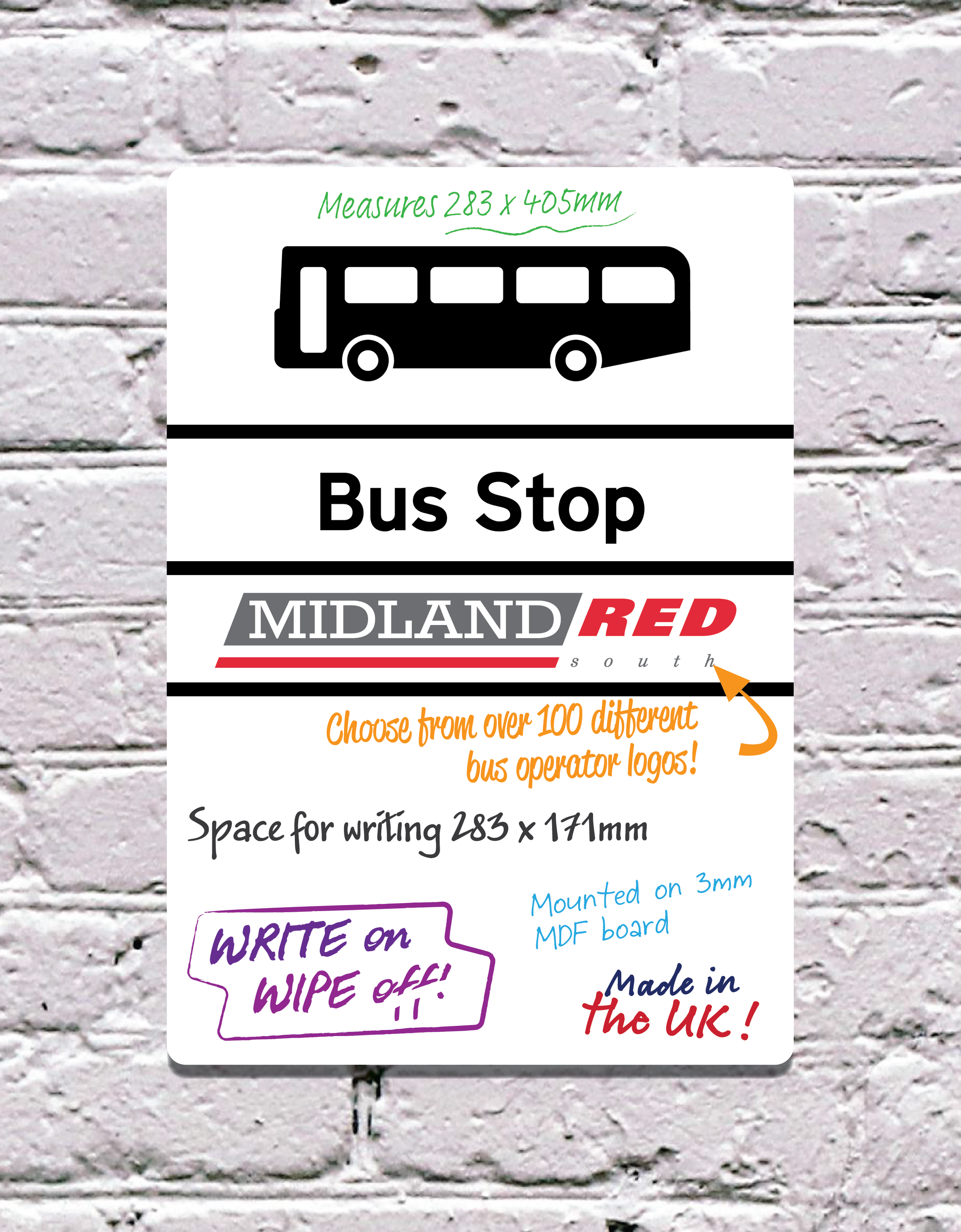 Bus Stop dry wipe board (283 x 405mm) with operator logo