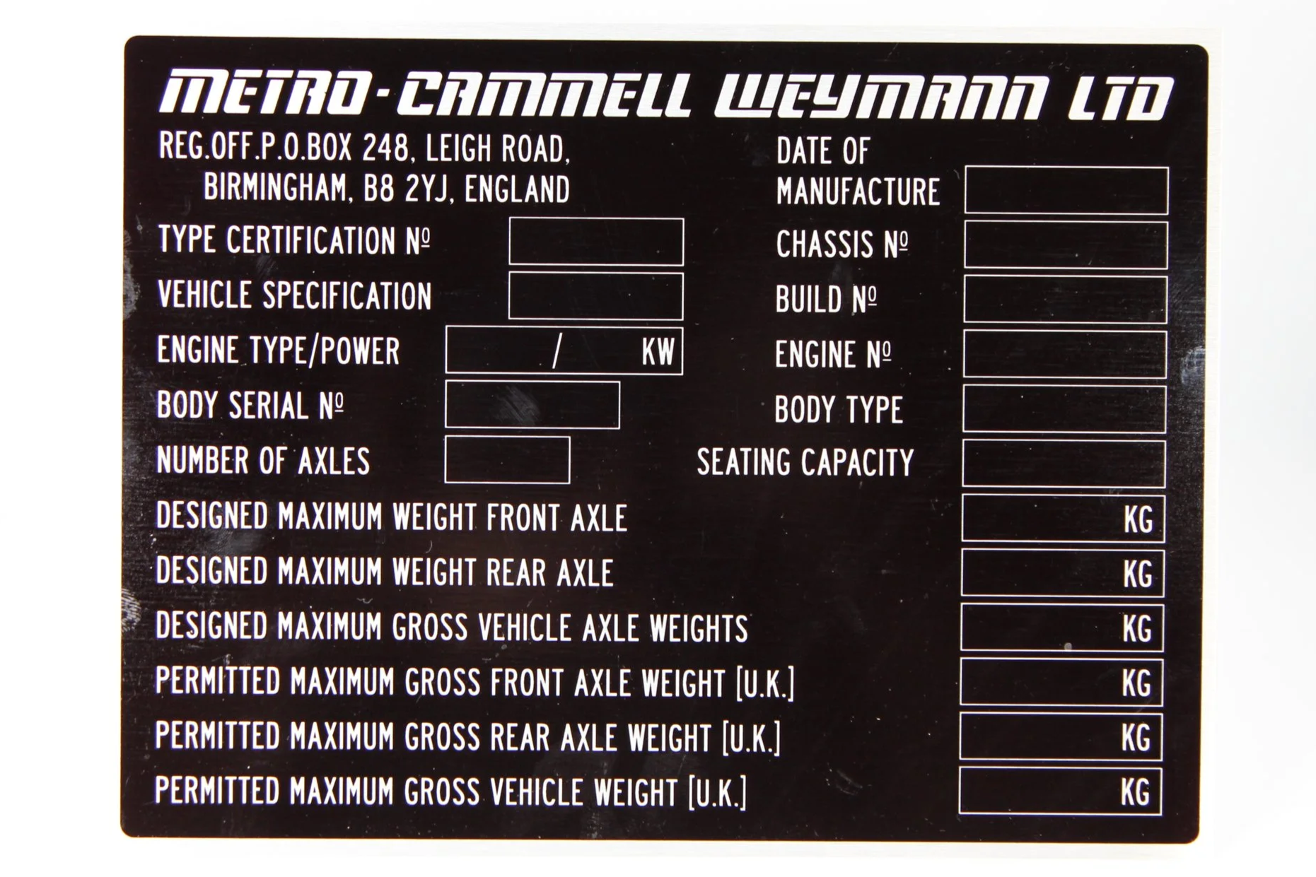 MCW Metrobus Manufacturers Plate