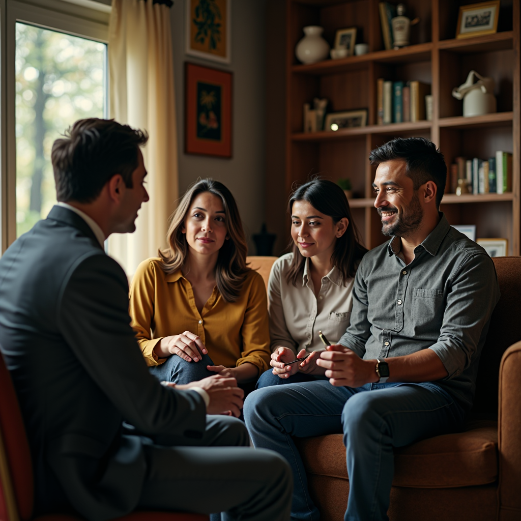 Un grupo de tres personas sentadas en un sofá conversando con un hombre en traje. Están en una sala con una estantería llena de libros y decoraciones.