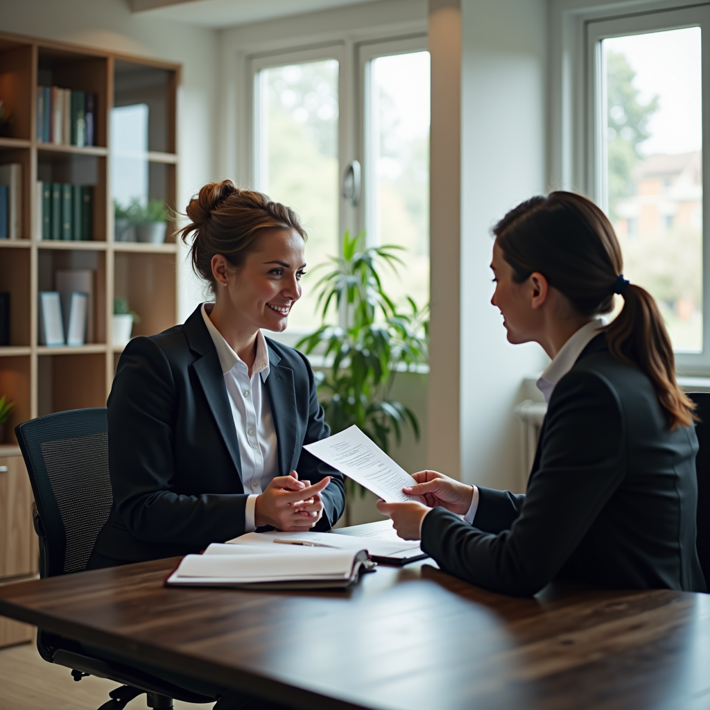 Dos mujeres de negocios sentadas en una oficina, una de ellas sostiene un documento, ambas vestidas formalmente. La oficina tiene estantes con libros y una planta cerca de la ventana.